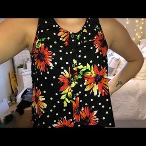 black polyester tank-orange flowers/polka dots